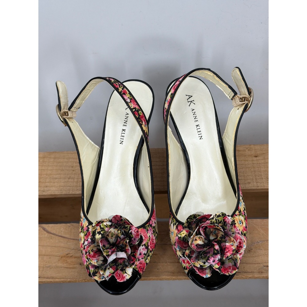 Anne Klein Akeli Floral Peep Toe Slingback Heels Rose Print Flower 7.5M TTN 0910